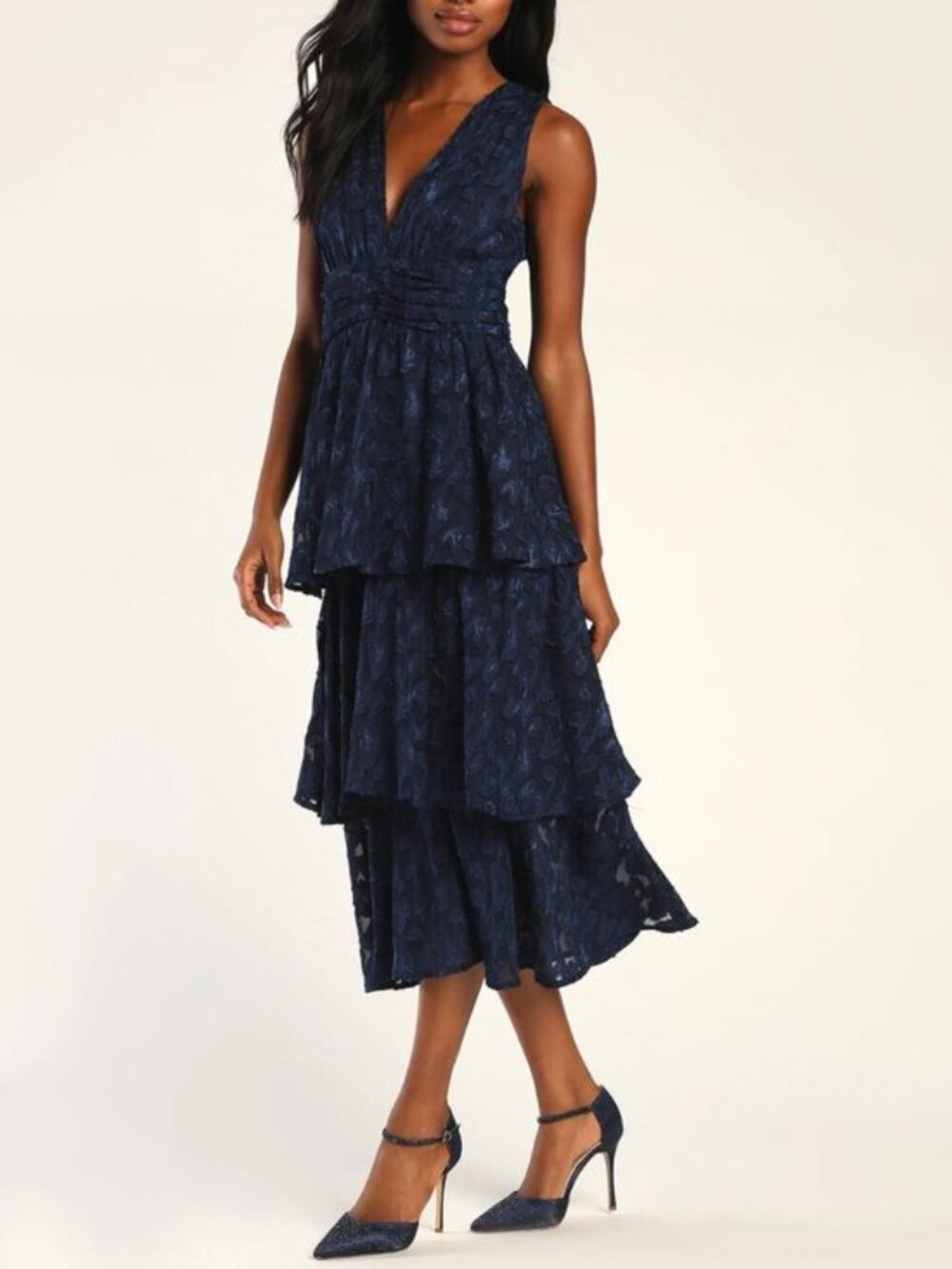 Lulus Make It Mesmerizing Navy Blue Jacquard Tiered Metallic Mesh Midi Dress
